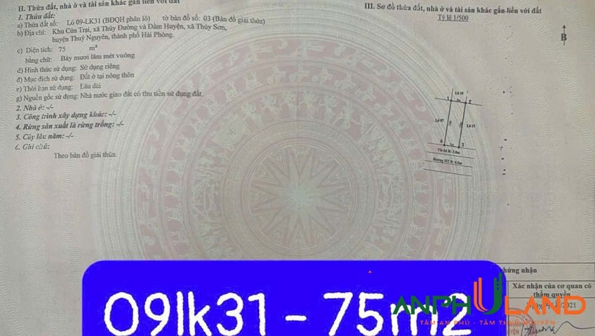 Bán lô 09LK31 khu đấu giá Cửa Trại, phường Thuỷ Đường, TP Thuỷ Nguyên, Hải Phòng